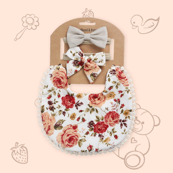 Polka Tots Set of 2 Floral Bow Headbands with Bib Set - White