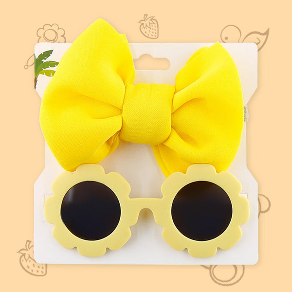 Polka Tots Baby Girls Bow Headband with Flower Shaped Sunglasses Set - Yellow