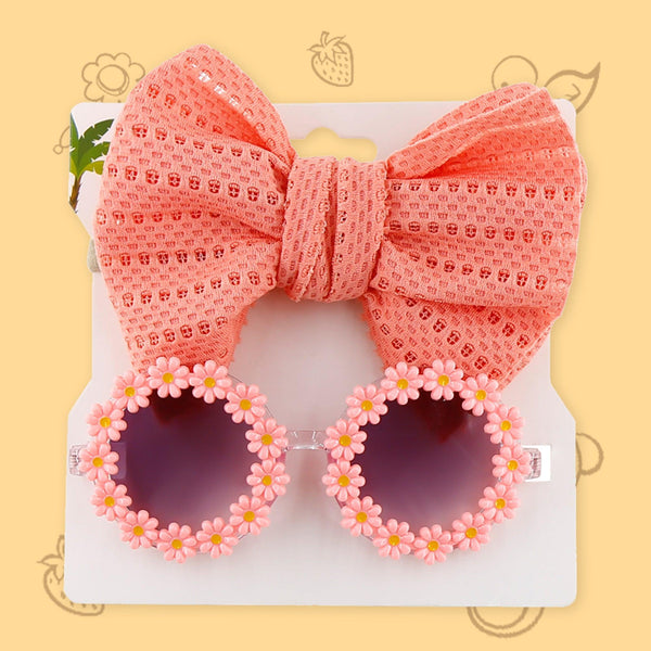 Polka Tots Baby Girls Schiffli Embroidered Bow Headband & Floral Sunglasses Set - Peach