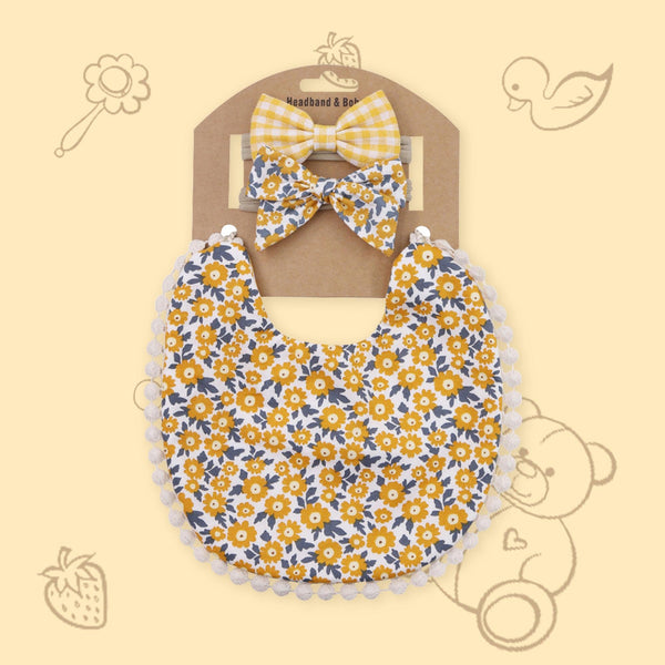 Polka Tots Set of 2 Floral Bow Headbands with Bib Set - Yellow