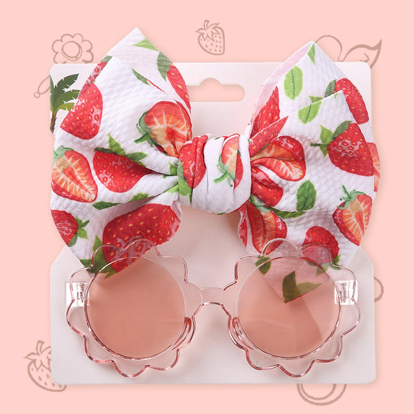 Polka Tots Baby Girls Strawberry Print Bow Headband with Flower Shaped Sunglasses Set - Red