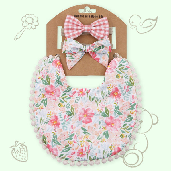 Polka Tots Set of 2 Floral Bow Headbands with Bib Set - Pink