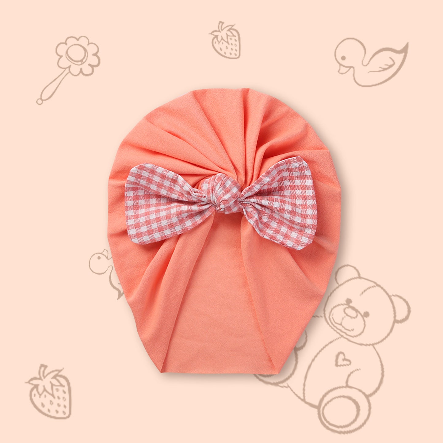 Polka Tots Checks Bow Headband Cap - Peach