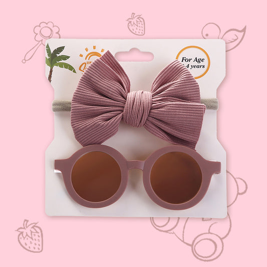 Polka Tots Free Size Bow Headband & Solid Sunglass Set - Wine