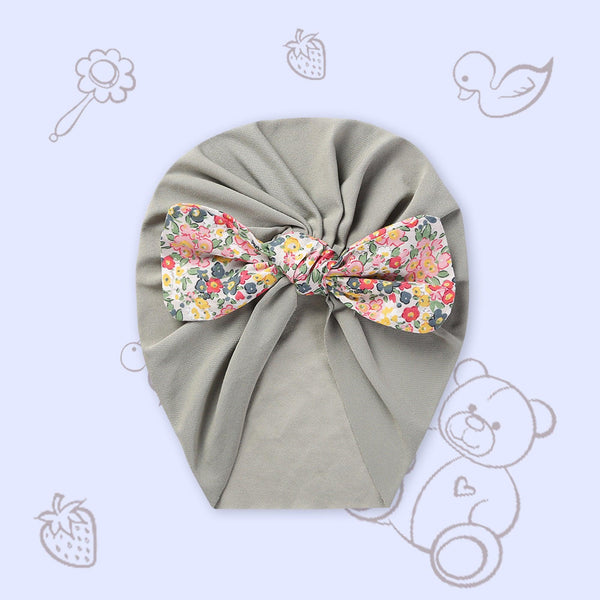 Polka Tots Baby Girls Floral Print Bow Headband Cap - Grey