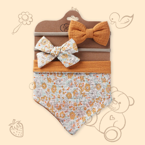 Polka Tots Baby Girl Set of 2 Floral Bow Headbands with Bib Set - Orange