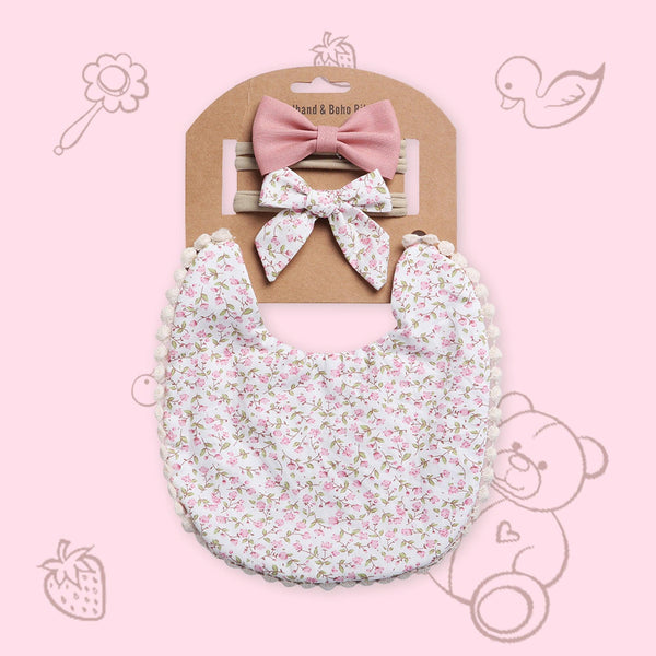 Polka Tots Set of 2 Floral Bow Headbands with Bib Set - White