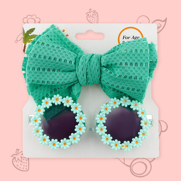 Polka Tots Baby Girls Schiffli Embroidered Bow Headband & Floral Sunglasses Set - Sea Green