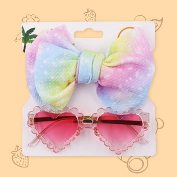 Polka Tots Baby Girls Rainbow Print Bow Headband with Heart Shaped Sunglasses Set – Pink