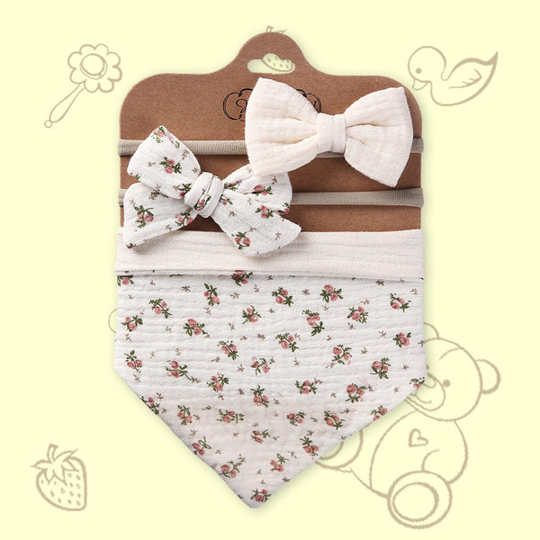 Polka Tots Baby Girl Set of 2 Floral Bow Headbands with Bib Set - White