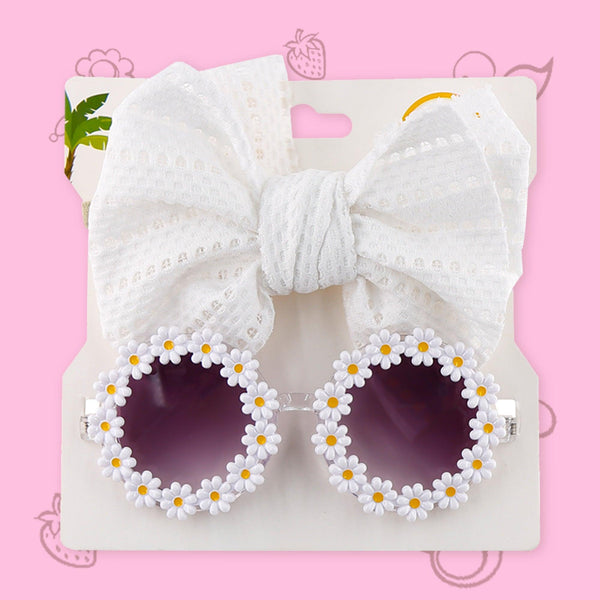 Polka Tots Baby Girls Schiffli Embroidered Bow Headband & Floral Sunglasses Set - White