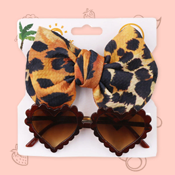 Polka Tots Baby Girls Leopard Print Bow Headband with Heart Shaped Sunglasses Set  - Brown