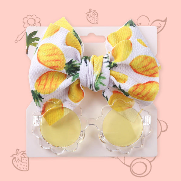 Polka Tots Baby Girls Pineapple Print Bow Headband with Flower Shaped Sunglasses Set - Yellow