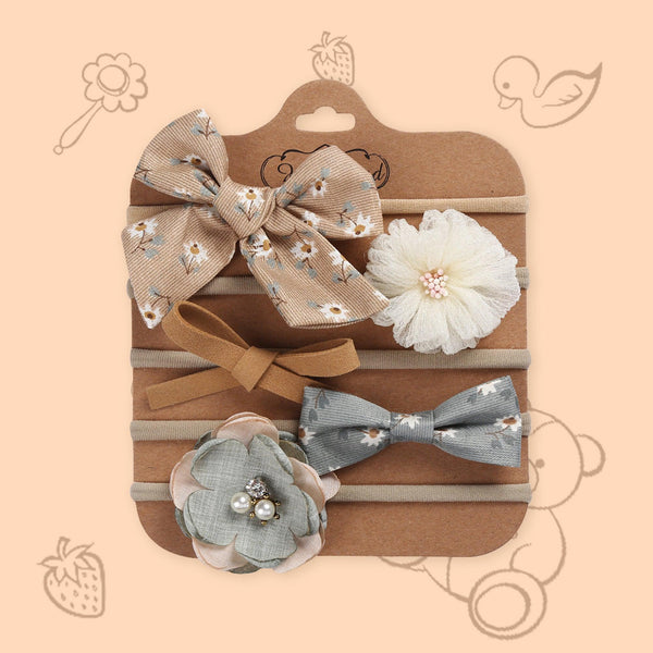 Polka Tots Pack of 5 Floral and Bow Headbands Set - Brown Theme