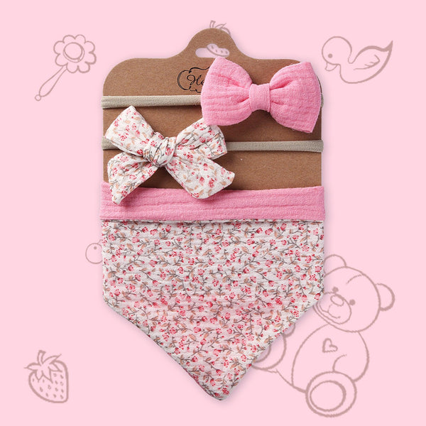 Polka Tots Baby Girl Set of 2 Floral Bow Headbands with Bib Set - Pink