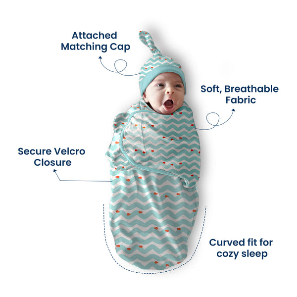 Polka Tots Wave Print Swaddle wrap with Cap - Blue