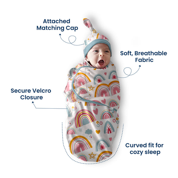 Polka Tots Rainbow print swaddle wrap with Cap - Multicolor