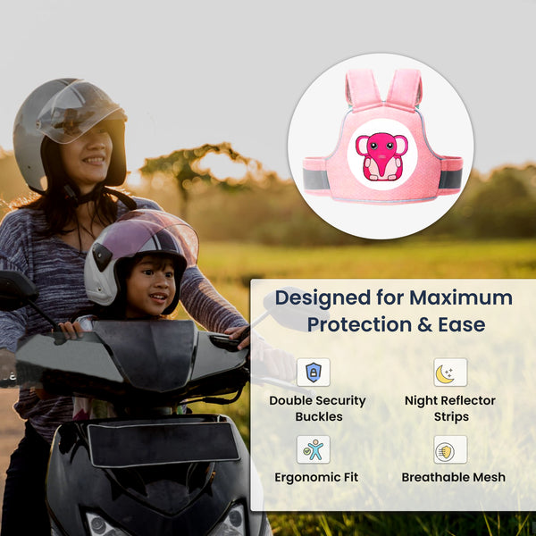 Baby Safety Travel Belt, Two Wheeler Baby Carrier for Kids Pink Color (Elephant)