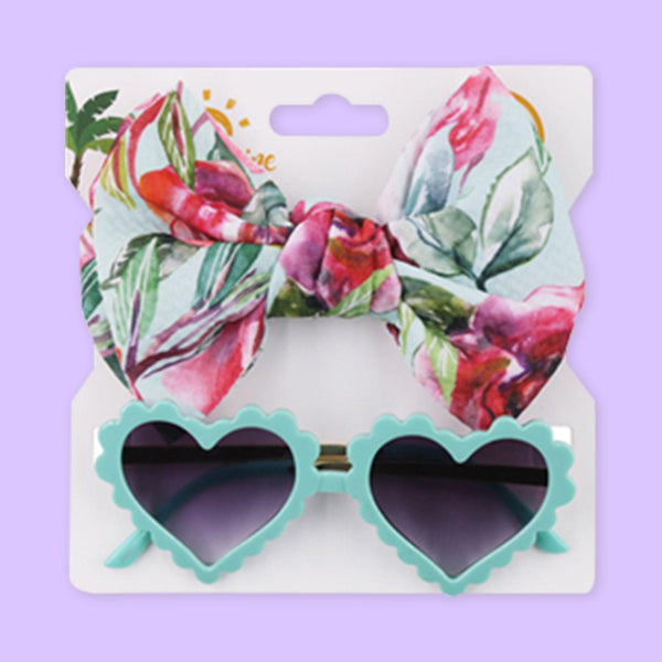 Polka Tots Baby Girls Floral Print Bow Headband with Heart Shaped Sunglasses Set - Aqua