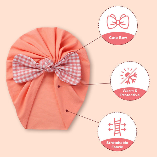 Polka Tots Baby Girls Checks Print Bow Headband Cap - Peach