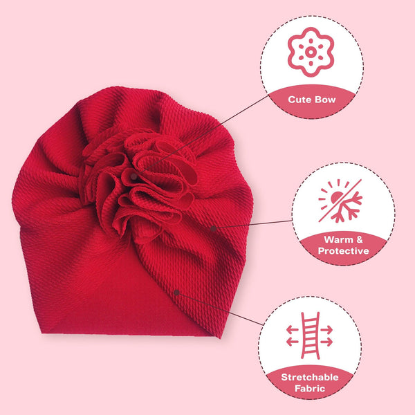 Polka Tots Baby Girls Cotton Knit Solid Flower Headband Cap - Red