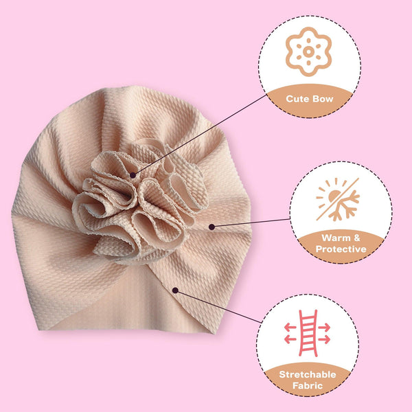 Polka Tots Baby Girls Cotton Knit Solid Flower Headband Cap - Beige