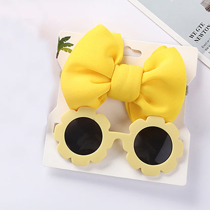 Polka Tots Free Size Bow Headband & Floral Sunglass Set - Yellow