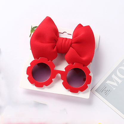 Polka Tots Free Size Bow Headband & Floral Sunglass Set - Red