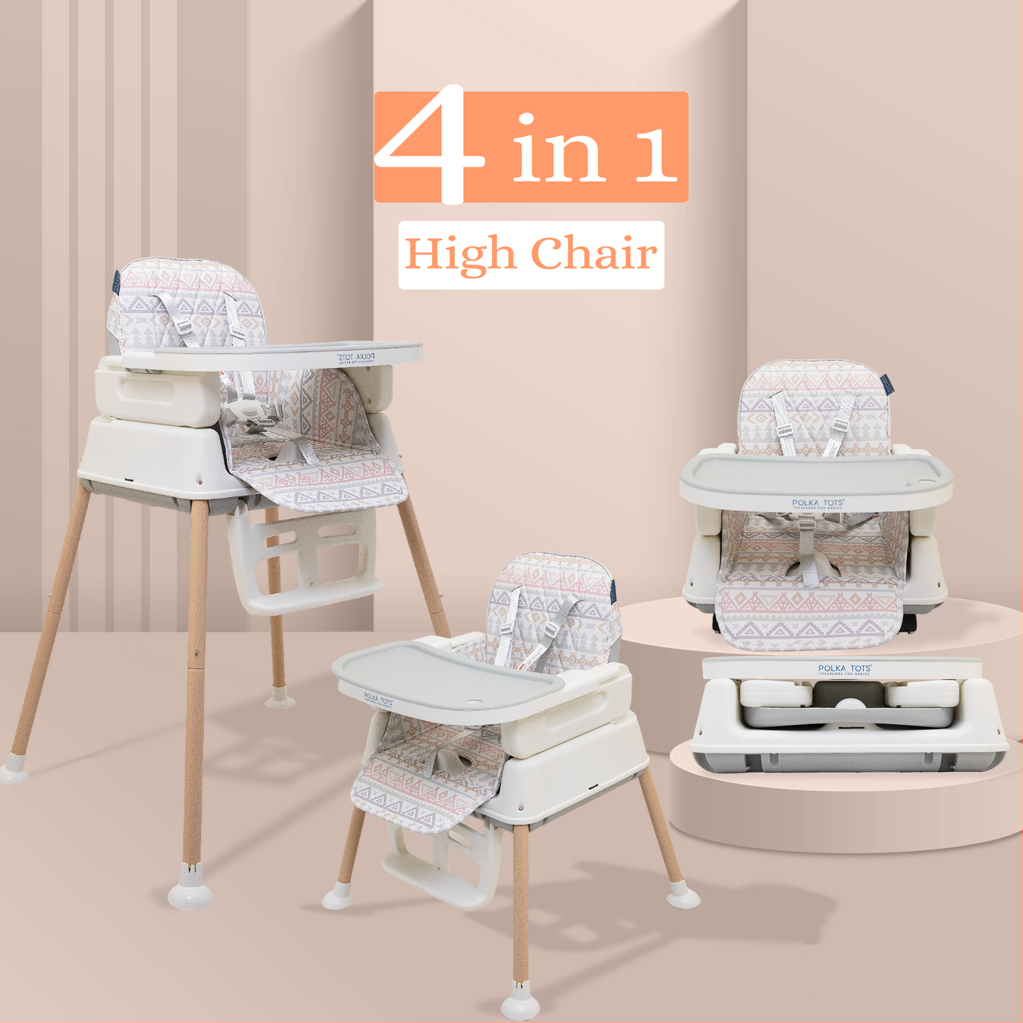 Polka Tots Grow & Glide 4 in 1 Convertible Geometric Design High Chair - ( Grey )