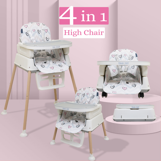 Polka Tots Grow & Glide 4 in 1 Convertible Heart Design High Chair - 6 to 36M (Pink)