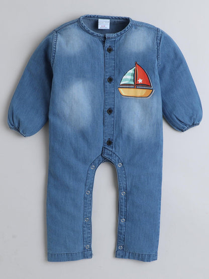 Polka Tots Full Sleeves Ship print Denim Romper - Blue
