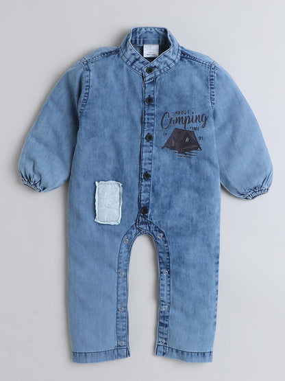 Polka Tots Full Sleeves Camping print Denim Romper - Blue