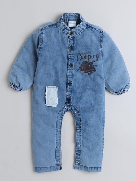 Polka Tots Full Sleeves Camping print Denim Romper - Blue