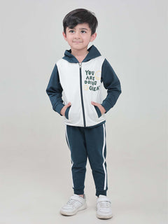 Polka Tots Full sleeve You are Doing Great Print Zip-Up Hoodie Co-ord Set - White & Teal