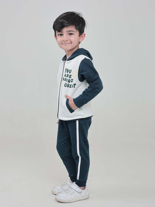Polka Tots Full sleeve You are Doing Great Print Zip-Up Hoodie Co-ord Set - White & Teal
