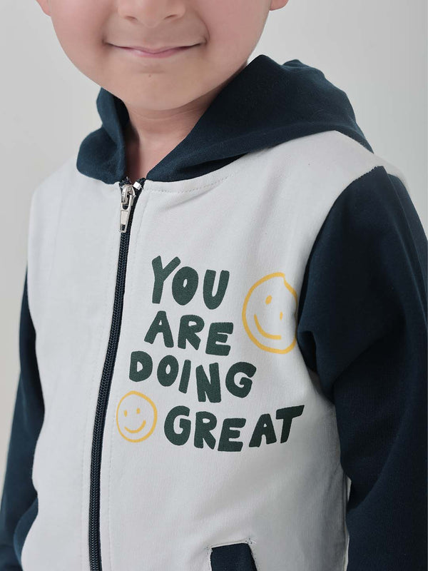 Polka Tots Full sleeve You are Doing Great Print Zip-Up Hoodie Co-ord Set - White & Teal