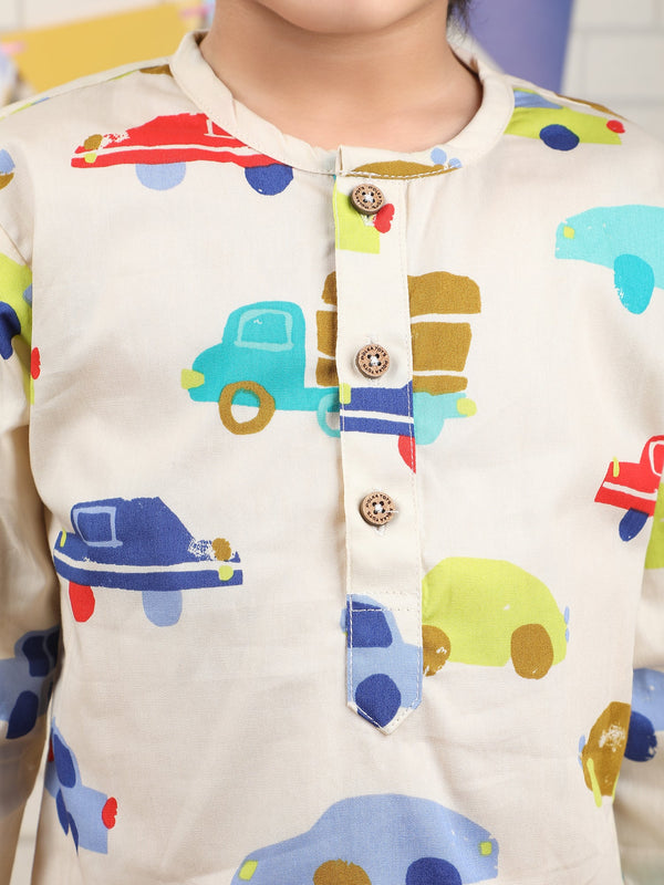 Polka Tots Vehicles print Full sleeves Nightwear Kurta pyjama set - Yellow