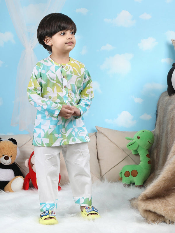 Polka Tots Geometric print Full sleeves Nightwear Kurta pyjama set - Green