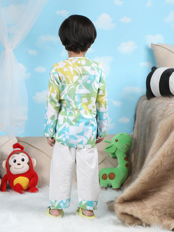 Polka Tots Geometric print Full sleeves Nightwear Kurta pyjama set - Green