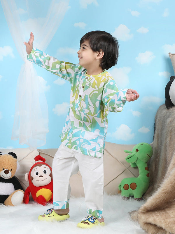 Polka Tots Geometric print Full sleeves Nightwear Kurta pyjama set - Green
