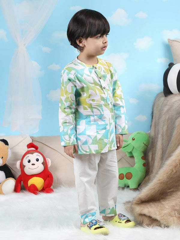 Polka Tots Geometric print Full sleeves Nightwear Kurta pyjama set - Green