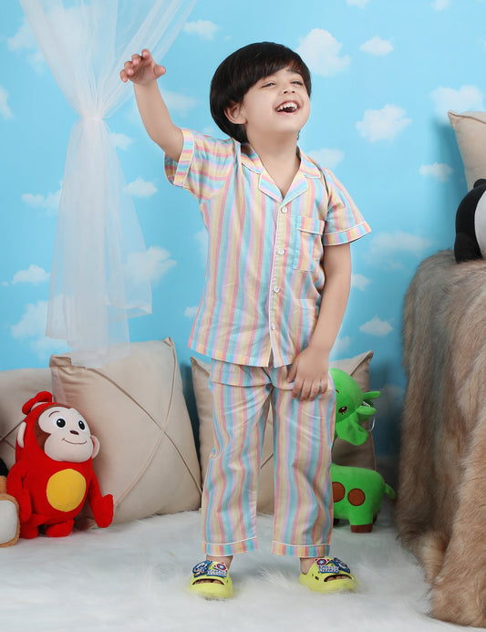 Polka Tots Half sleeves Stripes print Night Suit - Yellow/Blue