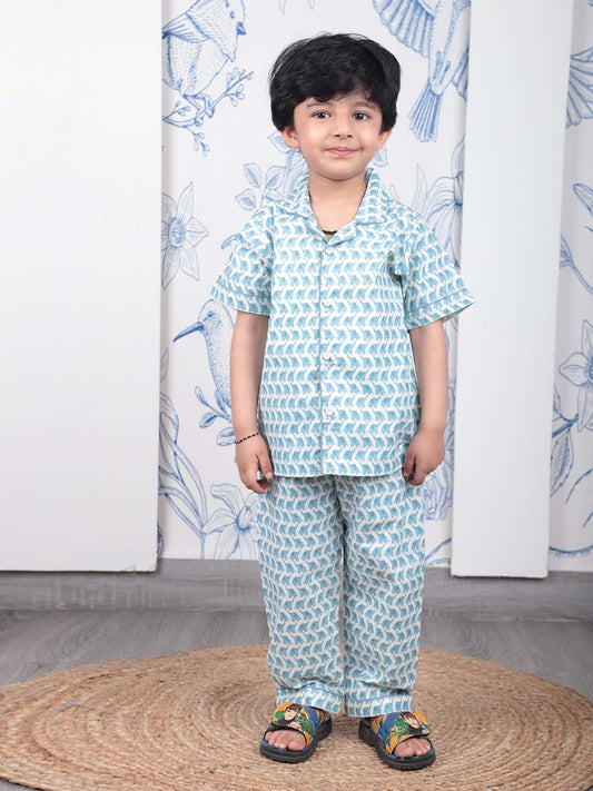 Polka Tots Half sleeves Elephant print Night Suit - Blue