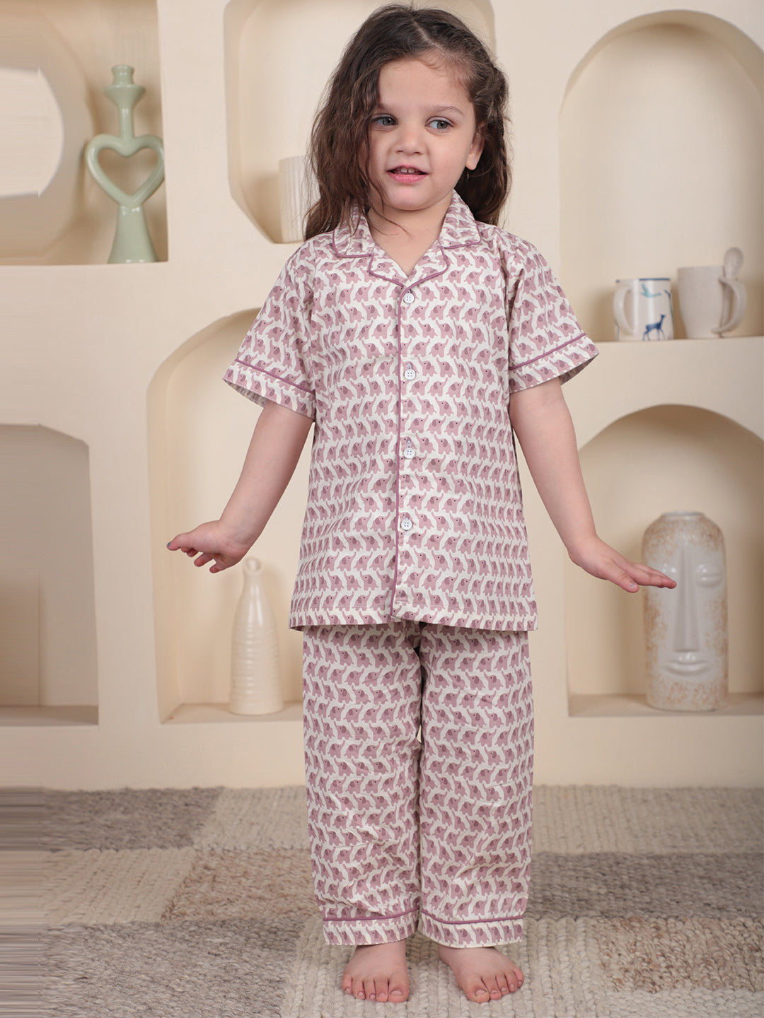 Polka Tots Half sleeves Elephant print Night Suit - Pink