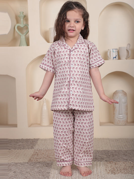 Polka Tots Half sleeves Elephant print Night Suit - Pink