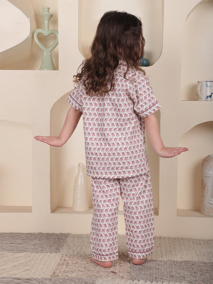 Polka Tots Half sleeves Elephant print Night Suit - Pink