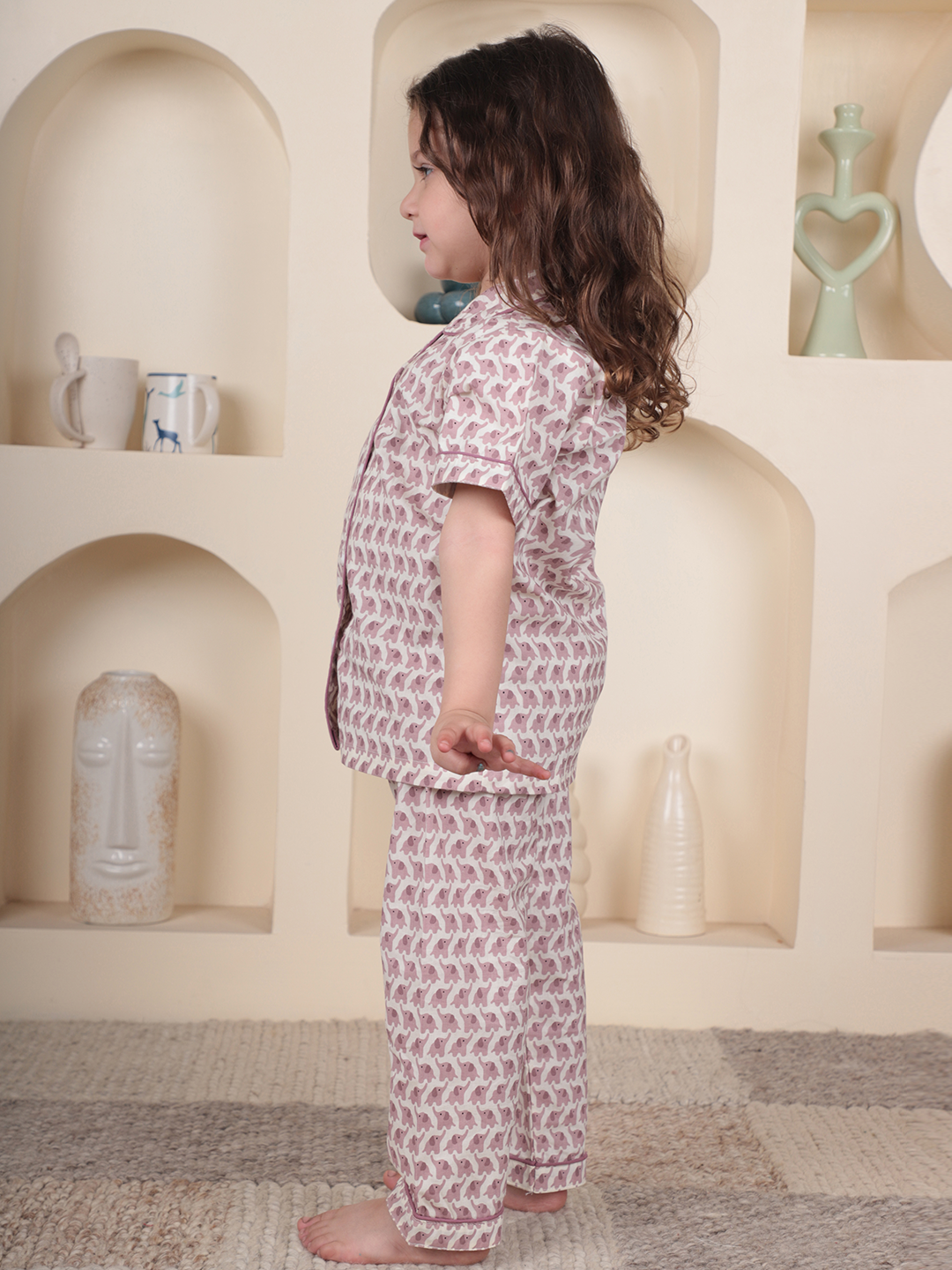 Polka Tots Half sleeves Elephant print Night Suit - Pink