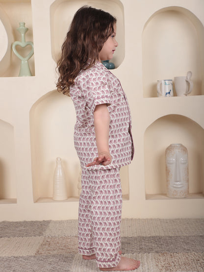 Polka Tots Half sleeves Elephant print Night Suit - Pink