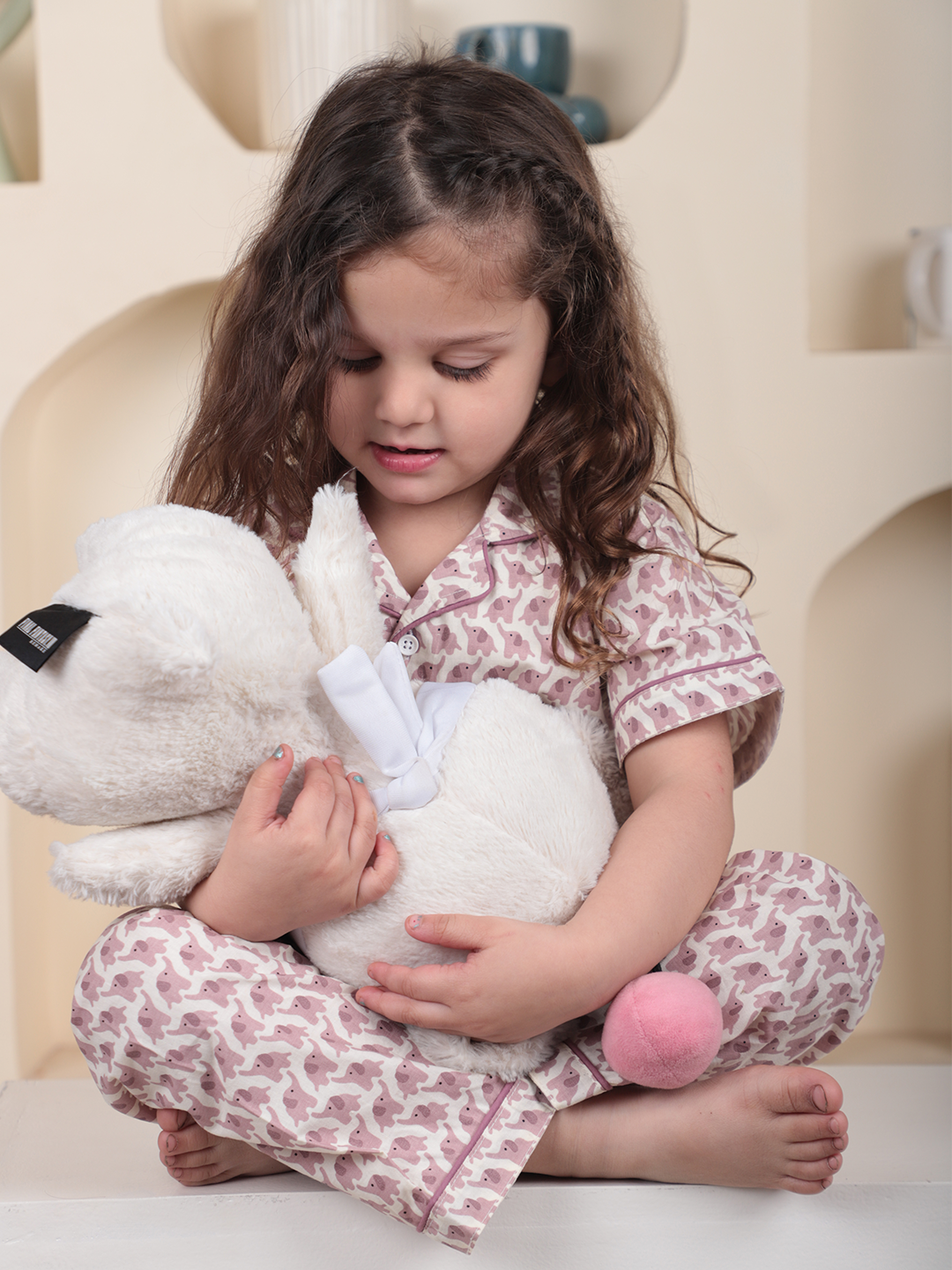 Polka Tots Half sleeves Elephant print Night Suit - Pink