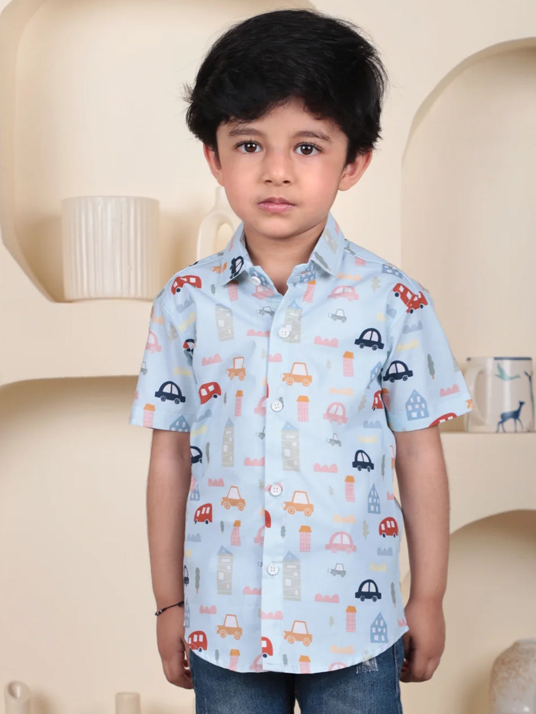 Polka Tots Half Sleeves Vehicles print Shirt - Blue